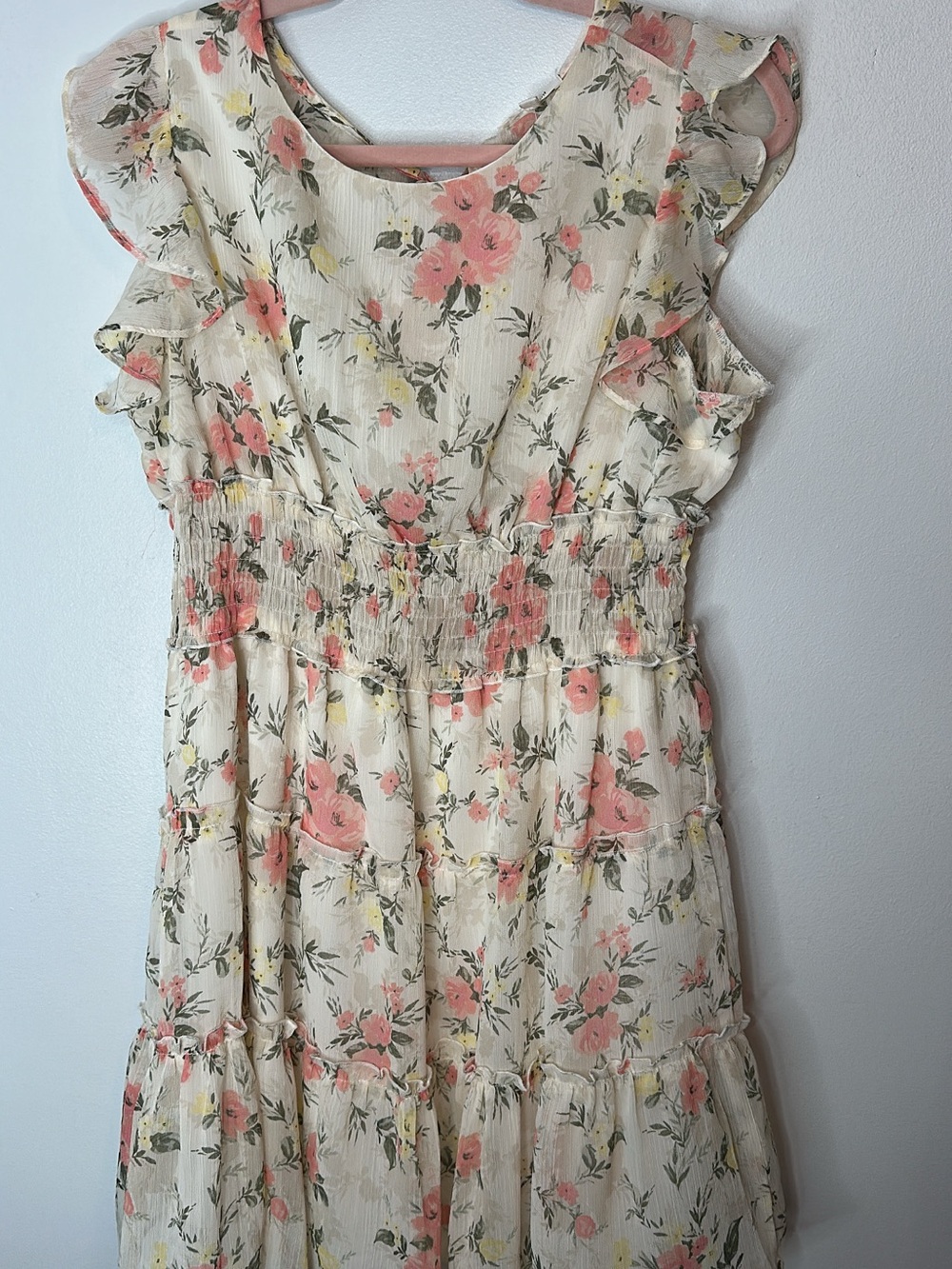 Floral Ruffle Midi Dress in Cream and Pink
